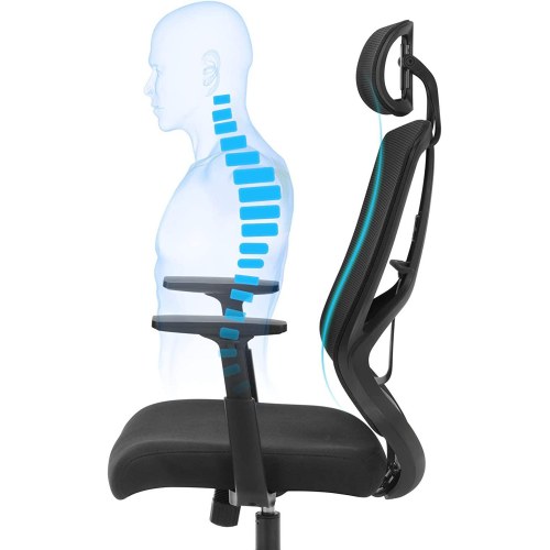 Kontorstol ergonomisk – SONGMICS med lændestøtte, højde- og vippefunktion, justerbar nakkestøtte og armlæn, sort