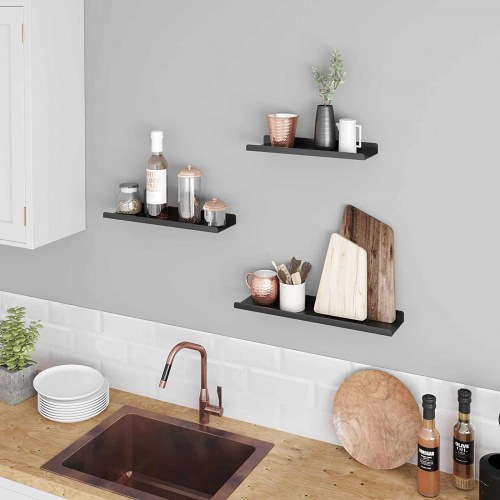 Væghylder i metal sæt med 3 flydende hylder, industriel stil, sort