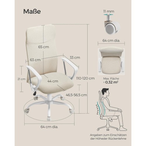 Kontorstol ergonomisk drejestol med polstret sæde, stofbetræk, justerbar vippefunktion, sort