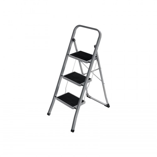 Stige med 3 trin sammenklappelig, stålfarvet grå/sort, 20 cm skridsikre trin, gelænder, 150 kg