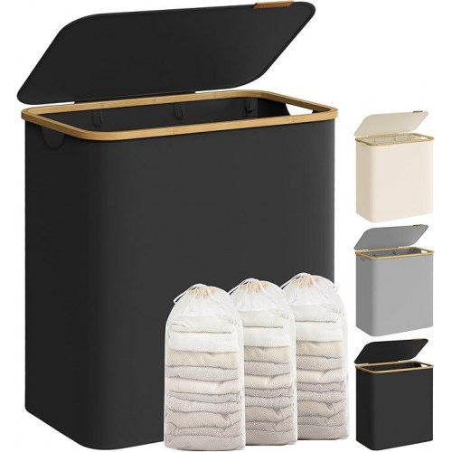 Vasketøjskurv med låg 3 rum, 150 l, aftagelig meshpose, Oxford-stof, bambushåndtag, sammenklappelig, 60 × 38,5 × 70,5 cm, ink sort