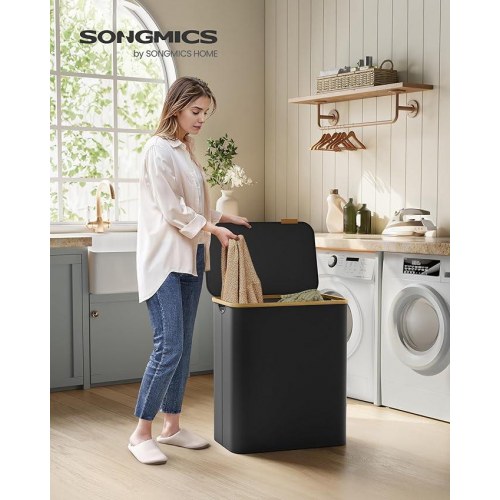 Vasketøjskurv med låg 3 rum, 150 l, aftagelig meshpose, Oxford-stof, bambushåndtag, sammenklappelig, 60 × 38,5 × 70,5 cm, ink sort