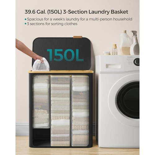 Vasketøjskurv med låg 3 rum, 150 l, aftagelig meshpose, Oxford-stof, bambushåndtag, sammenklappelig, 60 × 38,5 × 70,5 cm, ink sort