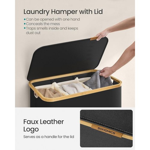 Vasketøjskurv med låg 3 rum, 150 l, aftagelig meshpose, Oxford-stof, bambushåndtag, sammenklappelig, 60 × 38,5 × 70,5 cm, ink sort