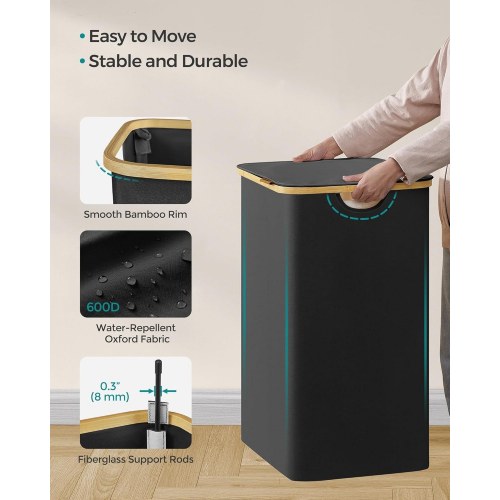 Vasketøjskurv med låg 3 rum, 150 l, aftagelig meshpose, Oxford-stof, bambushåndtag, sammenklappelig, 60 × 38,5 × 70,5 cm, ink sort