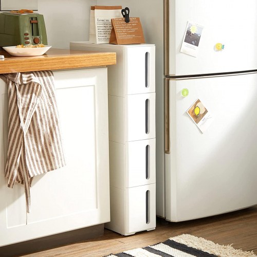 Køkkenopbevaring skuffetårn smal plast, 4 skuffer, på hjul, hvid/grå, 45 × 17 × 84 cm