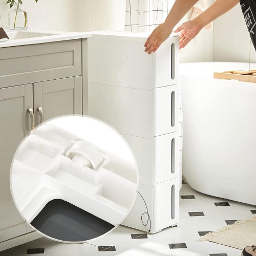 Køkkenopbevaring skuffetårn smal plast, 4 skuffer, på hjul, hvid/grå, 45 × 17 × 84 cm