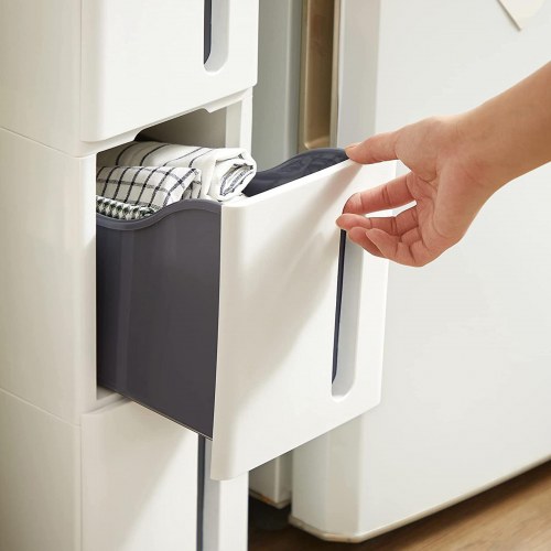 Køkkenopbevaring skuffetårn smal plast, 4 skuffer, på hjul, hvid/grå, 45 × 17 × 84 cm