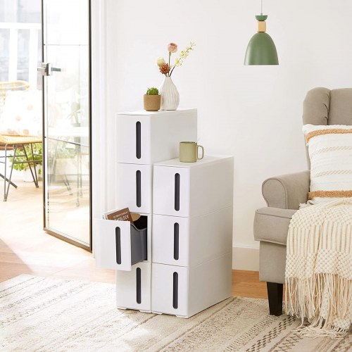 Køkkenopbevaring skuffetårn smal plast, 4 skuffer, på hjul, hvid/grå, 45 × 17 × 84 cm