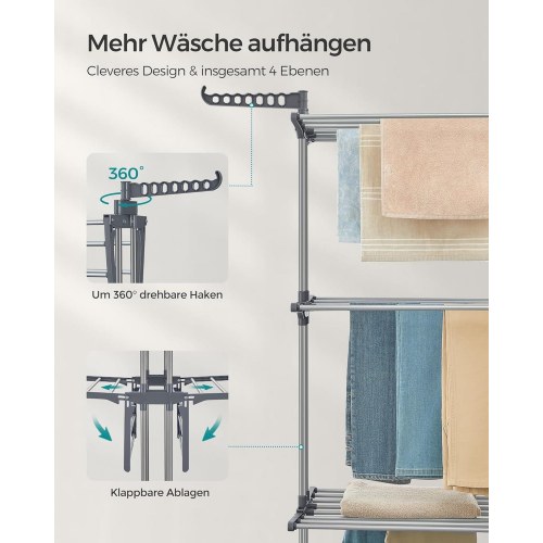 Tørrestativ med 4 niveauer på hjul grå, 64 × 126 × 172 cm