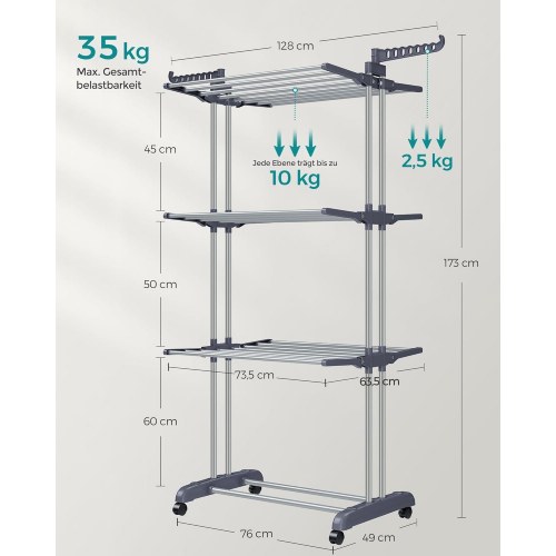 Tørrestativ med 4 niveauer på hjul grå, 64 × 126 × 172 cm
