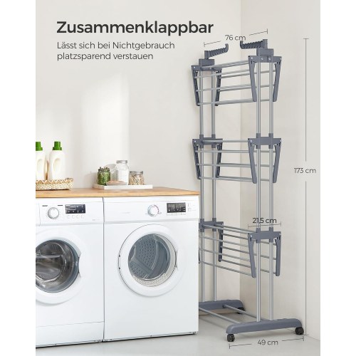 Tørrestativ med 4 niveauer på hjul grå, 64 × 126 × 172 cm