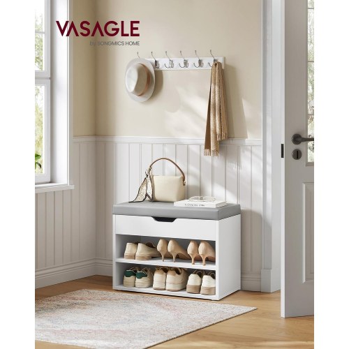 Skobænk med opbevaring 3 niveauer, polstret pude, 30 × 60 × 44 cm, Cloud White
