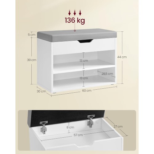 Skobænk med opbevaring 3 niveauer, polstret pude, 30 × 60 × 44 cm, Cloud White