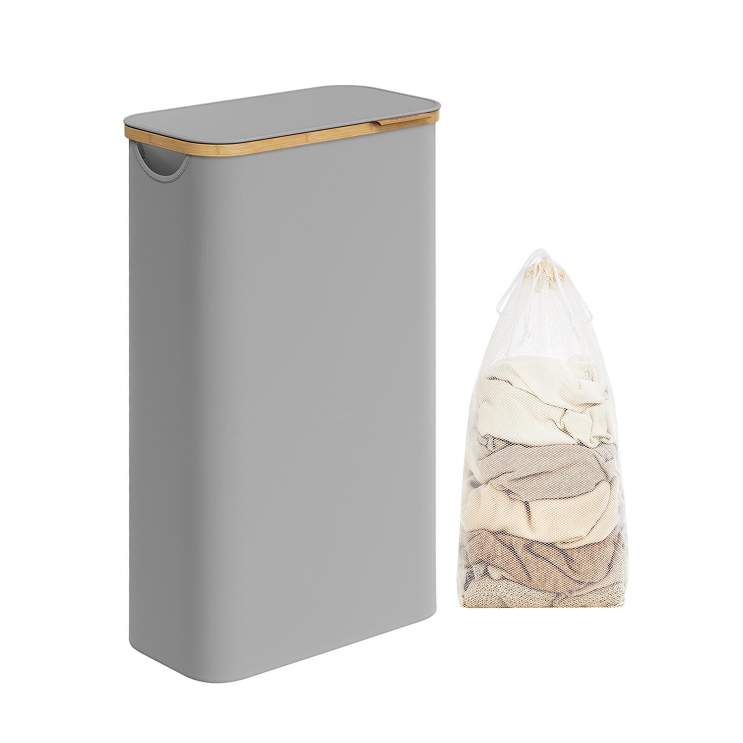 Vasketøjskurv med låg 65 l slank model med aftagelig netpose, Oxford-stof, bambushåndtag, sammenklappelig, duegrå (42 × 22,5 × 70,5 cm)