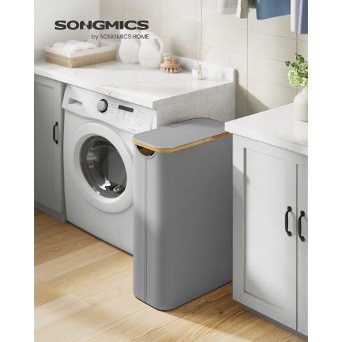 Vasketøjskurv med låg 65 l slank model med aftagelig netpose, Oxford-stof, bambushåndtag, sammenklappelig, duegrå (42 × 22,5 × 70,5 cm)