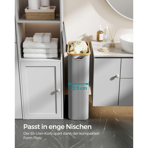 Vasketøjskurv med låg 65 l slank model med aftagelig netpose, Oxford-stof, bambushåndtag, sammenklappelig, duegrå (42 × 22,5 × 70,5 cm)