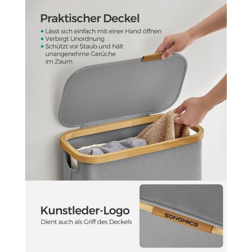 Vasketøjskurv med låg 65 l slank model med aftagelig netpose, Oxford-stof, bambushåndtag, sammenklappelig, duegrå (42 × 22,5 × 70,5 cm)