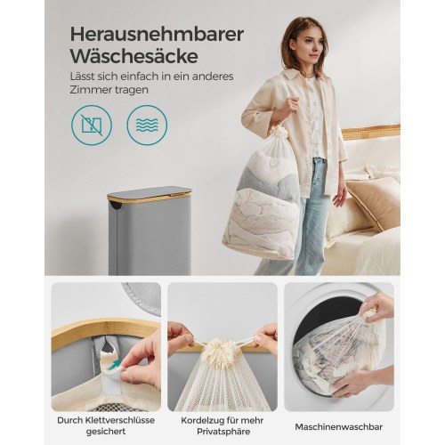 Vasketøjskurv med låg 65 l slank model med aftagelig netpose, Oxford-stof, bambushåndtag, sammenklappelig, duegrå (42 × 22,5 × 70,5 cm)