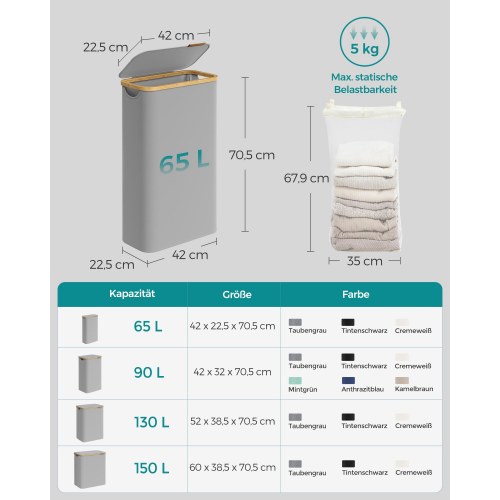 Vasketøjskurv med låg 65 l slank model med aftagelig netpose, Oxford-stof, bambushåndtag, sammenklappelig, duegrå (42 × 22,5 × 70,5 cm)