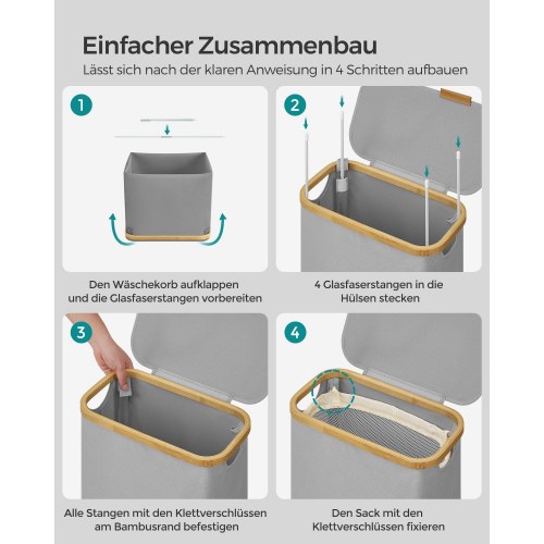Vasketøjskurv med låg 65 l slank model med aftagelig netpose, Oxford-stof, bambushåndtag, sammenklappelig, duegrå (42 × 22,5 × 70,5 cm)