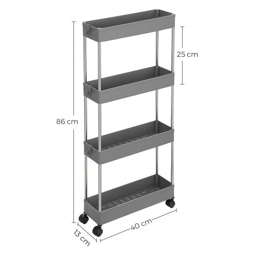 Rullebar køkkenvogn smal 4-etagers, 40 × 13,5 × 86 cm, grå
