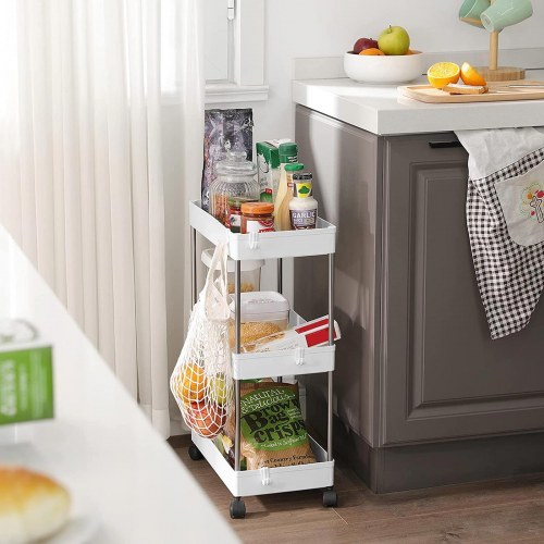 Rullebord med 3 hylder smalt opbevaringsstativ på hjul, hvid 42 × 22,5 × 61 cm