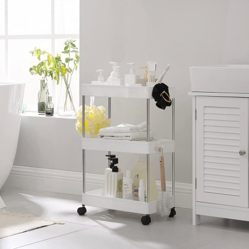 Rullebord med 3 hylder smalt opbevaringsstativ på hjul, hvid 42 × 22,5 × 61 cm