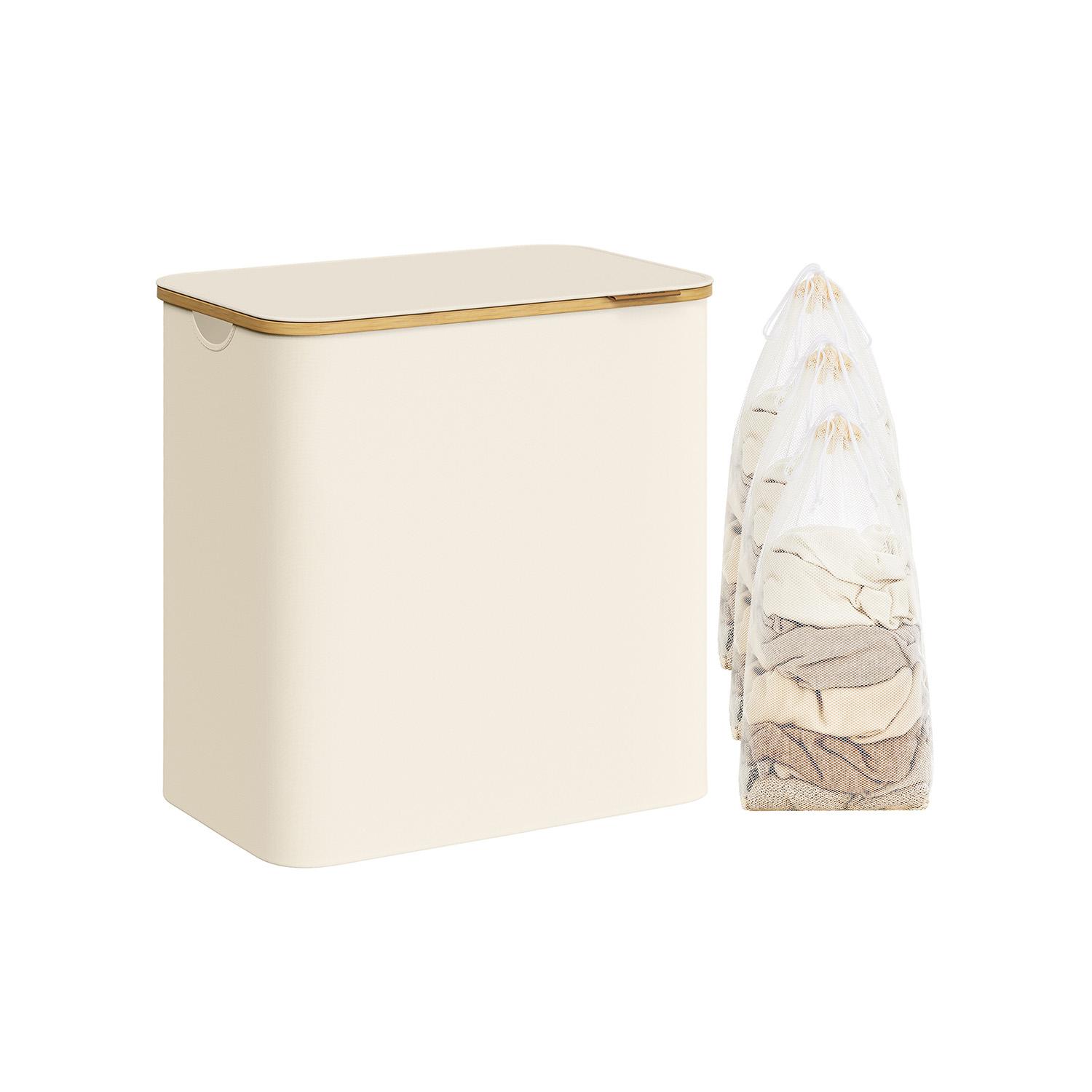 Vasketøjskurv med låg 3 rum, 150 l, aftagelig mesh-indsats, bambushåndtag, sammenklappelig, cremehvid