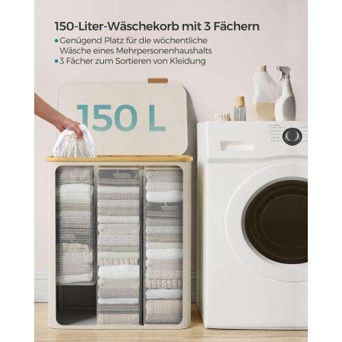 Vasketøjskurv med låg 3 rum, 150 l, aftagelig mesh-indsats, bambushåndtag, sammenklappelig, cremehvid