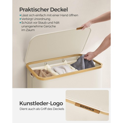 Vasketøjskurv med låg 3 rum, 150 l, aftagelig mesh-indsats, bambushåndtag, sammenklappelig, cremehvid