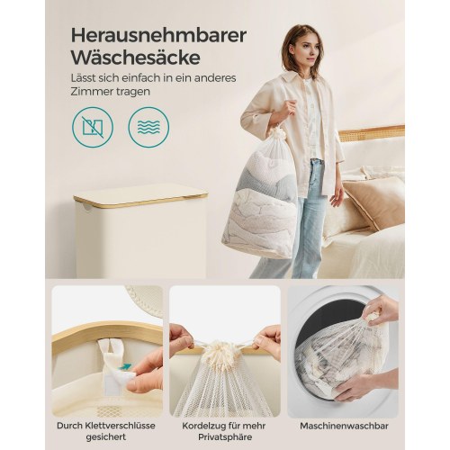 Vasketøjskurv med låg 3 rum, 150 l, aftagelig mesh-indsats, bambushåndtag, sammenklappelig, cremehvid