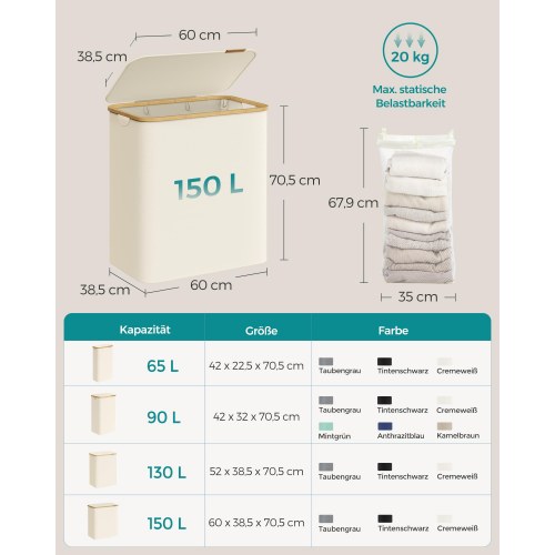 Vasketøjskurv med låg 3 rum, 150 l, aftagelig mesh-indsats, bambushåndtag, sammenklappelig, cremehvid