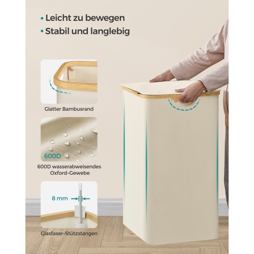 Vasketøjskurv med låg 3 rum, 150 l, aftagelig mesh-indsats, bambushåndtag, sammenklappelig, cremehvid