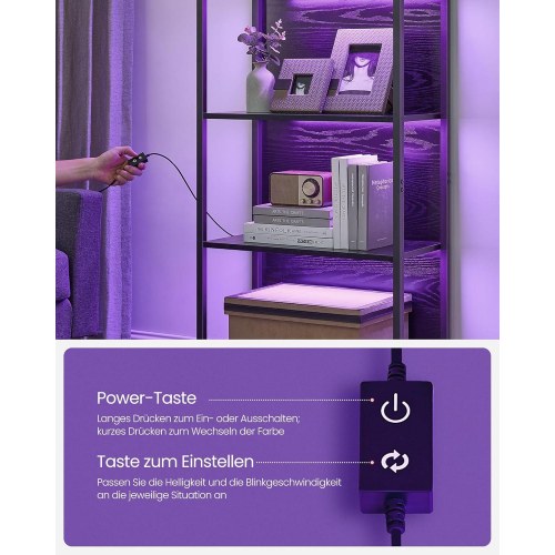 Bogreol med LED lys 6 hylder, 30,3 × 60 × 178,6 cm, ibenholt-sort