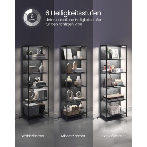 Bogreol med LED lys 6 hylder, 30,3 × 60 × 178,6 cm, ibenholt-sort