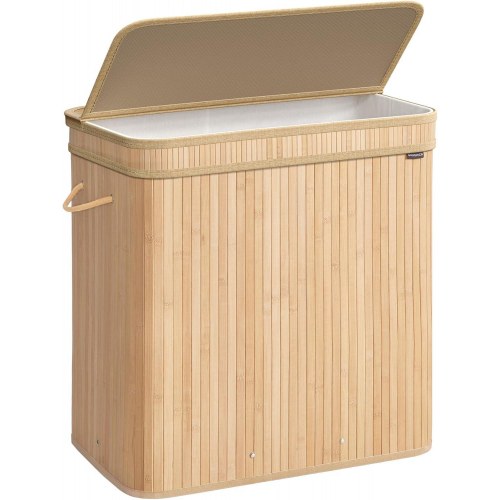 Vasketøjskurv med låg bambus, 150 l, aftagelig vaskbar inderpose, med håndtag, natur beige
