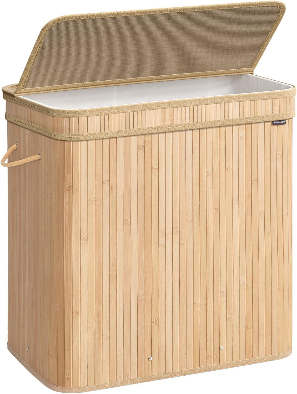Vasketøjskurv med låg bambus, 150 l, aftagelig vaskbar inderpose, med håndtag, natur beige