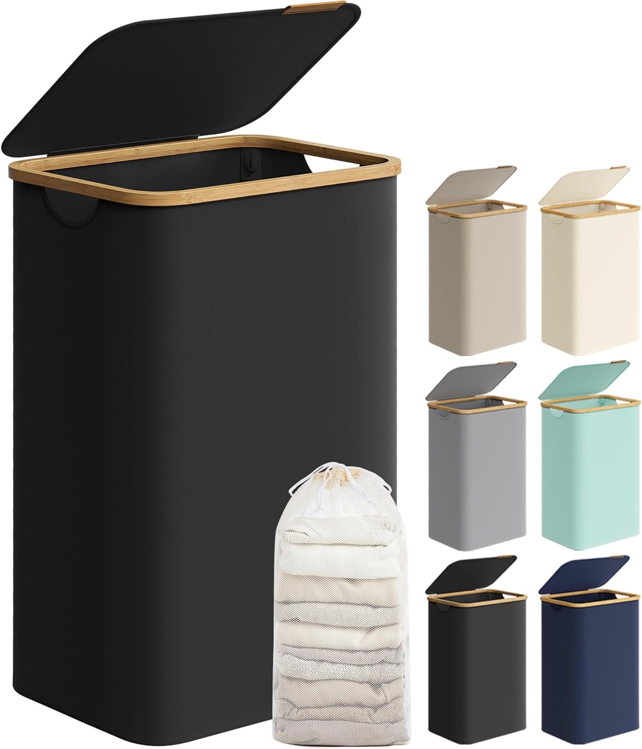 Vasketøjskurv med låg 90 l, aftagelig mesh-indsats, Oxford-stof, bambusgreb, sammenklappelig, 42 × 32 × 70,5 cm, Ink Black