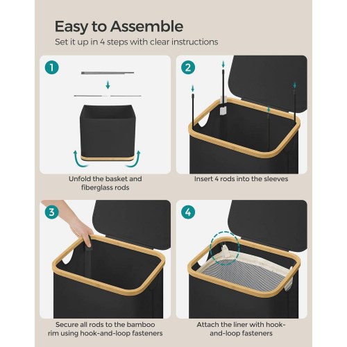 Vasketøjskurv med låg 90 l, aftagelig mesh-indsats, Oxford-stof, bambusgreb, sammenklappelig, 42 × 32 × 70,5 cm, Ink Black