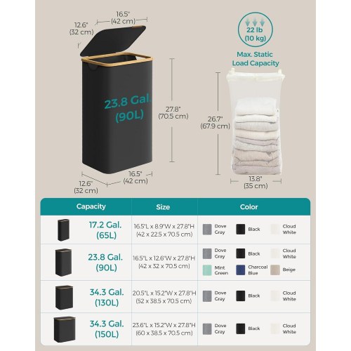 Vasketøjskurv med låg 90 l, aftagelig mesh-indsats, Oxford-stof, bambusgreb, sammenklappelig, 42 × 32 × 70,5 cm, Ink Black