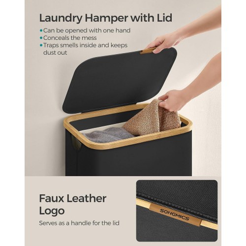 Vasketøjskurv med låg 90 l, aftagelig mesh-indsats, Oxford-stof, bambusgreb, sammenklappelig, 42 × 32 × 70,5 cm, Ink Black