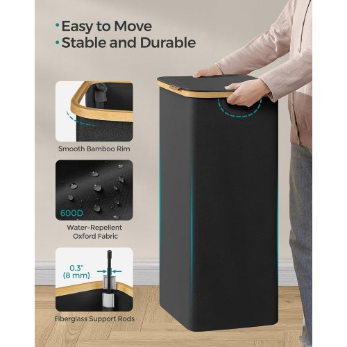 Vasketøjskurv med låg 90 l, aftagelig mesh-indsats, Oxford-stof, bambusgreb, sammenklappelig, 42 × 32 × 70,5 cm, Ink Black