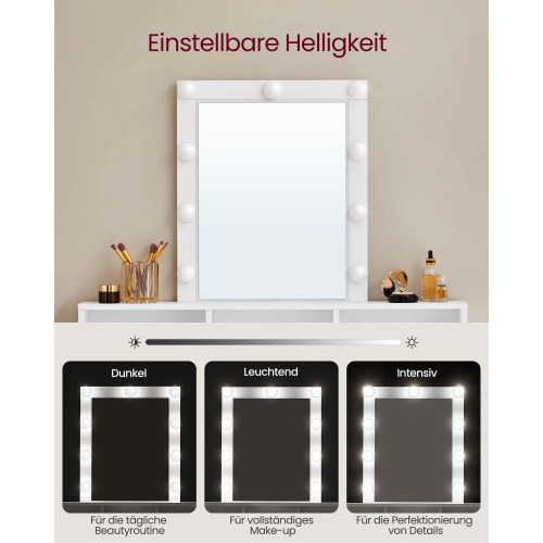 Toiletbord med LED-spejl 2 skuffer, 3 rum, justerbar lysstyrke, hvid