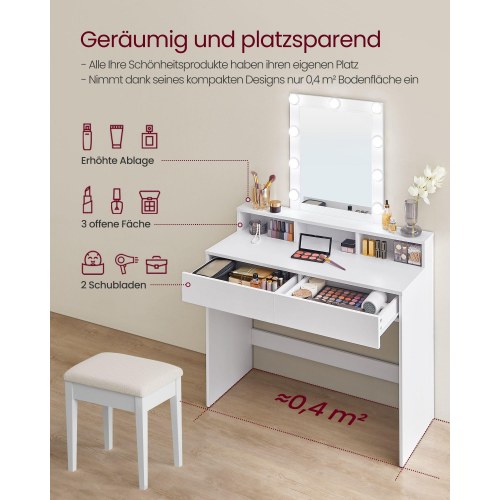 Toiletbord med LED-spejl 2 skuffer, 3 rum, justerbar lysstyrke, hvid