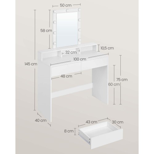 Toiletbord med LED-spejl 2 skuffer, 3 rum, justerbar lysstyrke, hvid