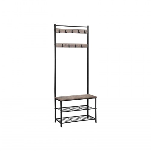 Tøjstativ med bænk og skohylde 3-i-1 entremøbel, stålramme, 70 × 32 × 175 cm, industriel greige/sort (HSR41MB)