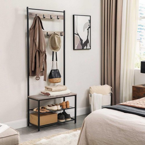 Tøjstativ med bænk og skohylde 3-i-1 entremøbel, stålramme, 70 × 32 × 175 cm, industriel greige/sort (HSR41MB)