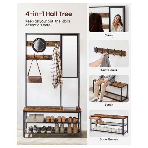 Entréreol med spejl tøjstativ i industrielt look, rustik brun/sort (HSR415B01)