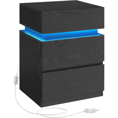 Sengebord med LED lys VASAGLE – 3 skuffer, sort træstruktur, 35 × 40 × 55 cm